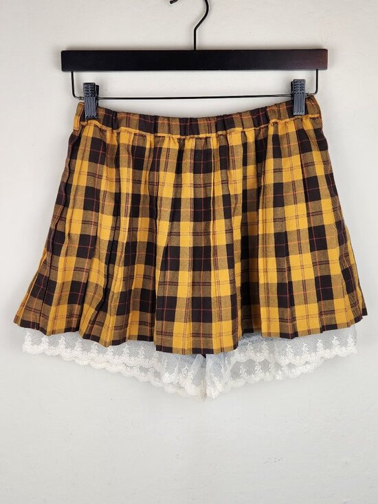 cupop Dresses & Skirts - Cupop Japan Yellow Brown Plaid Lace Trim Pleated Mini Skirt Skort sz M